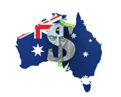 dollar symbol in front of Aust flag shaped map