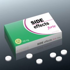 Tablets Named Side Effects Forte with a Dazed Smiley Logo on the Cardboard Package.