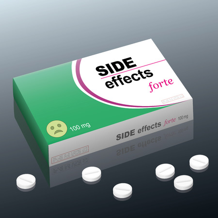Tablets Named Side Effects Forte with a Dazed Smiley Logo on the Cardboard Package.