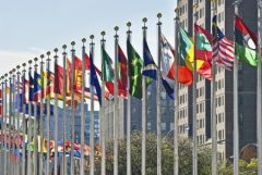 World flags outside of UN in New York city.
